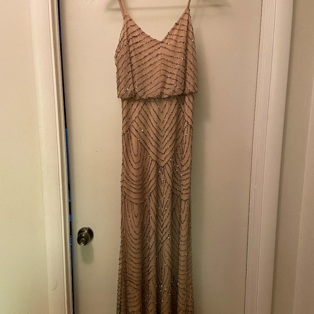 Adrianna Papell Silver Blouson Beaded Gown Dress